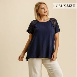 Umgee Navy linen blend shirt with crochet sleeves
